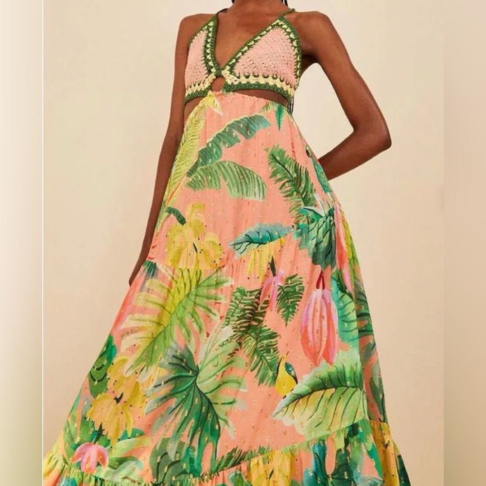 FARM Rio Pink and Green Leafy Maxi Dress